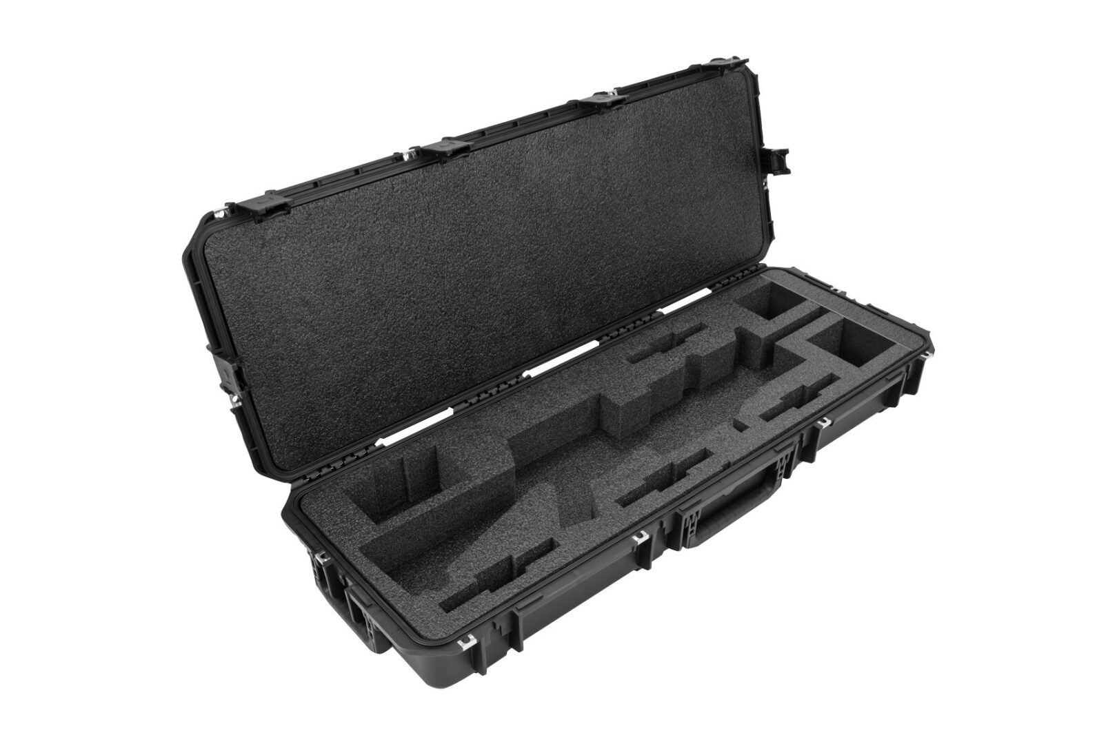 Open black hard case with foam inserts.