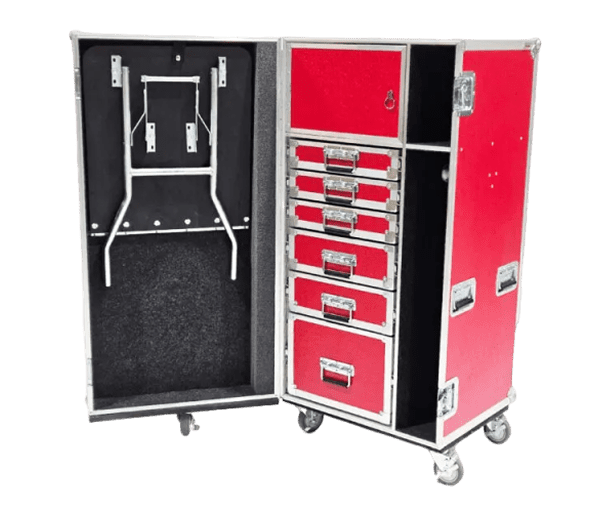 Red equipment case with drawers and wheels.